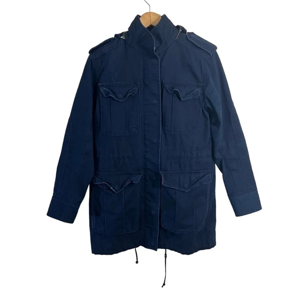 French Connection Navy Blue Jacket Size 4 Full Zip Removeable Hood Pockets - Picture 1 of 10